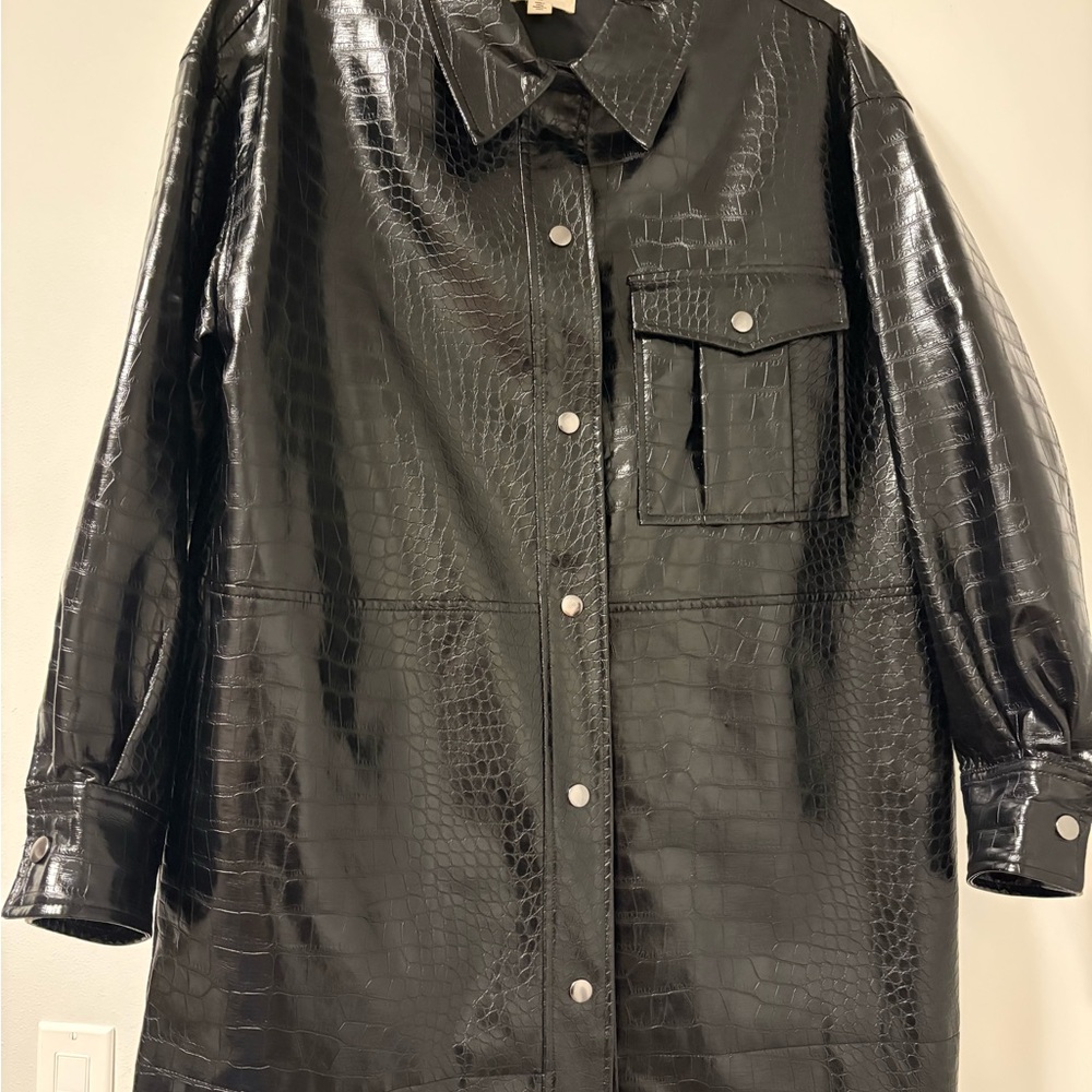 Black Crocodile-Embossed Leather Jacket